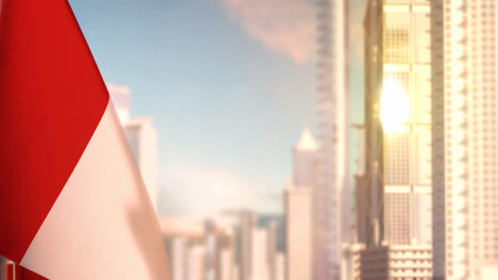 flag of Peru on city skyscrapers buildings vanilla sunrise bg for veterans day - abstract 3D illustrationの写真素材