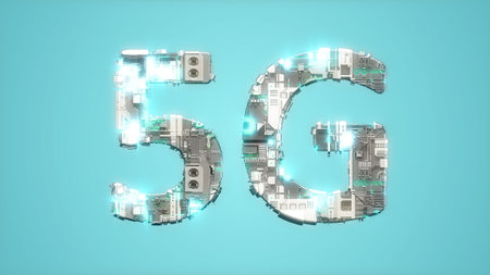 modern shining cybernetic text 5G on blue background - abstract 3D illustrationの写真素材