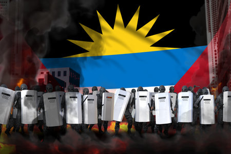 Antigua and Barbuda protest fighting concept, police officers on city street are protecting order against revolt - military 3D Illustration on flag backgroundの写真素材