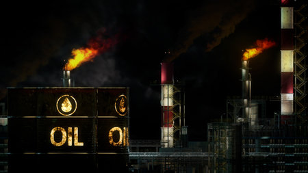 naphtha refinery with oil barrels at night, fictional - industrial 3D illustrationの写真素材