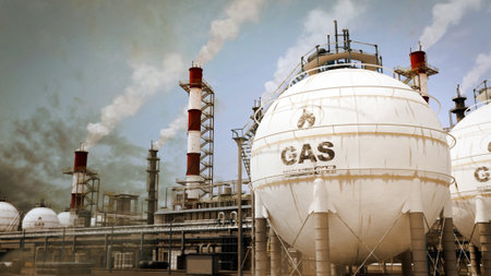 natural gas or LNG storage tanks on refinery or processing plant, fictitious - industrial 3D renderingの写真素材