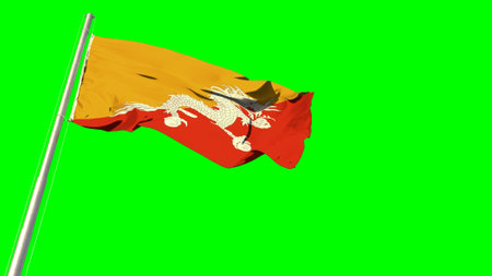 Waving glorious flag of Bhutan on chroma key screen, isolated - object 3D illustrationの写真素材