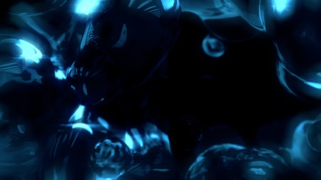 electrical blue shining transparent diamond spheres on black - abstract 3D illustrationの写真素材