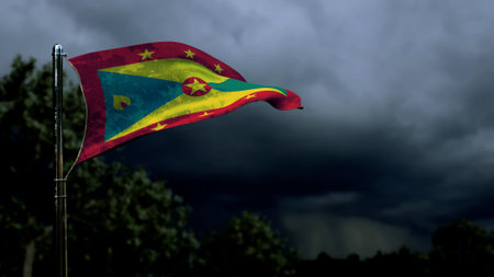 Grenada flag for state holiday on dark storm cumulus - abstract 3D illustrationの写真素材