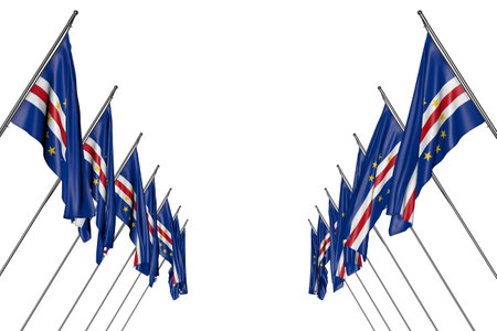 wonderful day of flag 3d illustration - many Cabo Verde flags hangs on diagonal poles from left and right sides isolated on whiteの写真素材