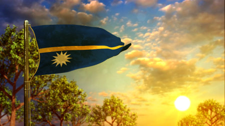 waving flag of Nauru at sundown for national holiday - abstract 3D renderingの写真素材