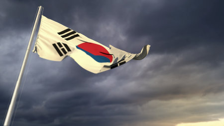 pretty Republic of Korea (South Korea) flag on massive dark clouds background - abstract 3D renderingの写真素材