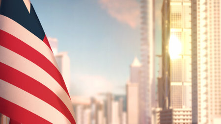 flag of Liberia on city skyscrapers buildings vanilla sunset background for national celebration - abstract 3D illustrationの写真素材