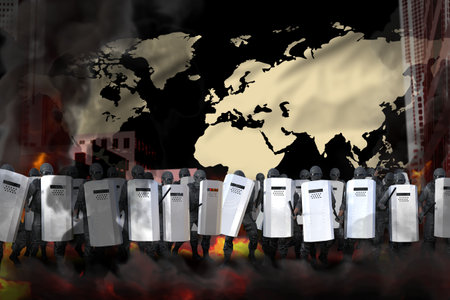 World police officers on city street are protecting government against demonstration - protest fighting concept, military 3D Illustration on flag backgroundの写真素材