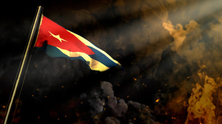 defocused Cuba flag on smoke with sun beams bg - cataclysm concept - abstract 3D illustrationの写真素材