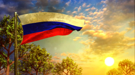 waving flag of Russia at sunrise for memorial day - abstract 3D renderingの写真素材