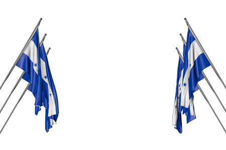 wonderful memorial day flag 3d illustration - many Honduras flags hanging on in corner poles from left and right sides isolated on whiteの写真素材