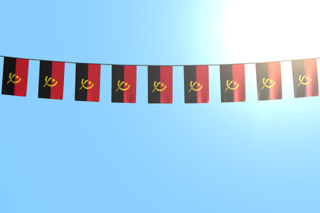 nice many Angola flags or banners hanging on rope on blue sky background - any feast flag 3d illustrationの写真素材