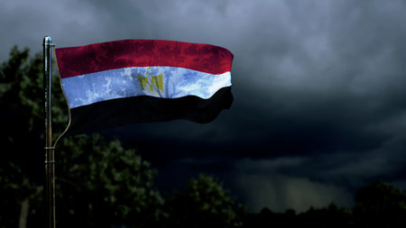 Egypt flag for state holiday on dark storm clouds - abstract 3D illustrationの写真素材