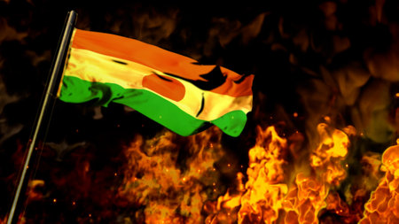 flag of Nigeria on burning fire backdrop - hard times concept - abstract 3D illustrationの写真素材
