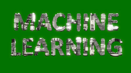 industrial style cybernetic text MACHINE LEARNING on chroma key screen background, isolated - object 3D illustrationの写真素材