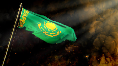 soft focus Kazakhstan flag on smoke with sun beams bg - crysis concept - abstract 3D illustrationの写真素材