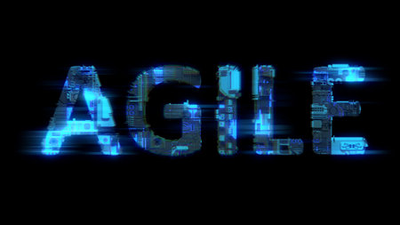bokeh glitch electrical light cybernetic blue text AGILE, isolated - object 3D illustrationの写真素材