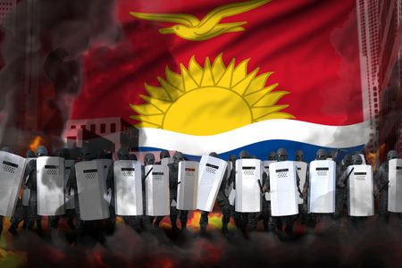 Kiribati police swat on city street are protecting the country against revolt - protest stopping concept, military 3D Illustration on flag backgroundの写真素材