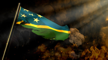 defocused Solomon Islands flag on smoke with sun beams backdrop - problems concept - abstract 3D renderingの写真素材