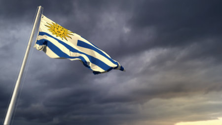 cute Uruguay flag on massive dark clouds background - abstract 3D illustrationの写真素材