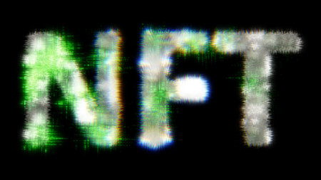 green cybernetic text NFT with noise distortion, isolated - object 3D renderingの写真素材