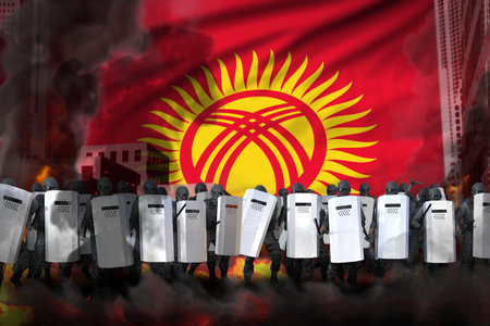 Kyrgyzstan police swat on city street are protecting peaceful people against disorder - protest stopping concept, military 3D Illustration on flag backgroundの写真素材