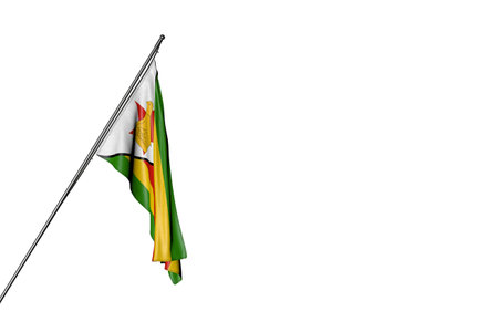 nice Zimbabwe flag hanging on a diagonal pole isolated on white - any celebration flag 3d illustrationの写真素材