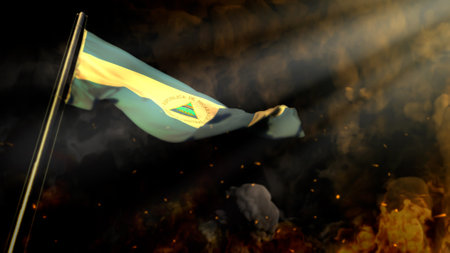 bokeh Nicaragua flag on smoke with sun beams background - cataclysm concept - abstract 3D illustrationの写真素材