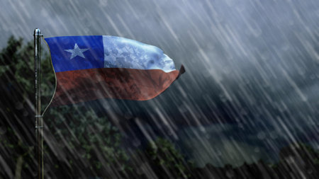 flag of Chile with rain and dark clouds, tornado forecast symbol - nature 3D illustrationの写真素材