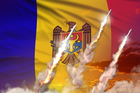 Modern strategic rocket forces concept on sunset background, Moldova supersonic missile attack - military industrial 3D illustration, nuke with flagの写真素材