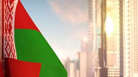 flag of Belarus on city skyscrapers buildings vanilla sunset backdrop for day of the flag - abstract 3D illustrationの写真素材
