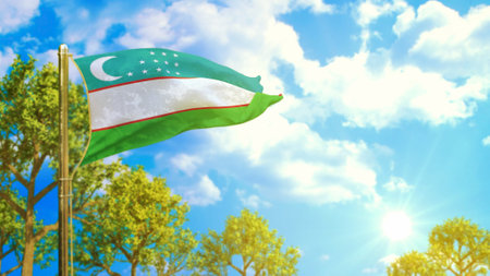 flag of Uzbekistan at sunny day, comfort life symbol - nature 3D illustrationの写真素材