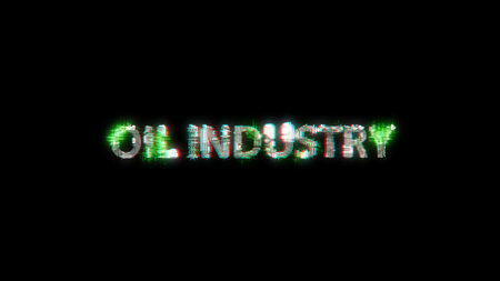 glowing cybernetic text OIL INDUSTRY on black - meta universe concept, isolated - object 3D renderingの写真素材