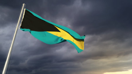 pretty Bahamas flag on massive dark clouds backdrop - abstract 3D renderingの写真素材