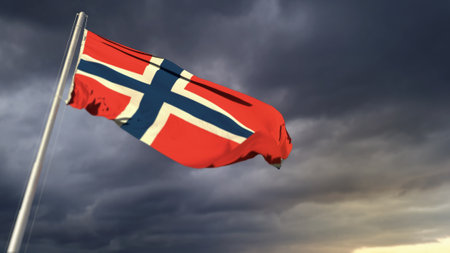 nice Norway flag on massive dark clouds bg - abstract 3D renderingの写真素材