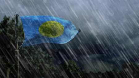flag of Palau with rain and dark clouds, squall wind forecast symbol - nature 3D renderingの写真素材