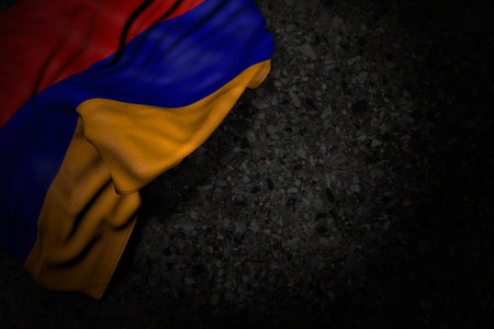 beautiful dark illustration of Armenia flag with big folds on dark asphalt with empty space for your content - any holiday flag 3d illustrationの写真素材