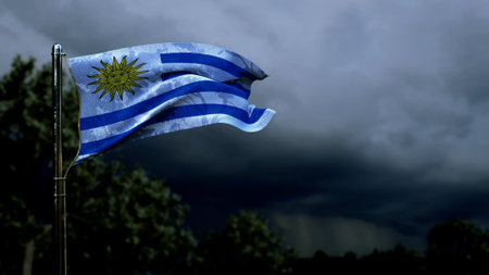 Uruguay flag for state holiday on dark storm cumulus clouds - abstract 3D illustrationの写真素材
