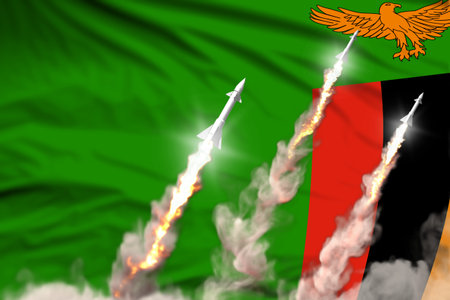 Zambia nuclear warhead launch - modern strategic nuclear rocket weapons concept on flag fabric background, military industrial 3D illustration with flagの写真素材