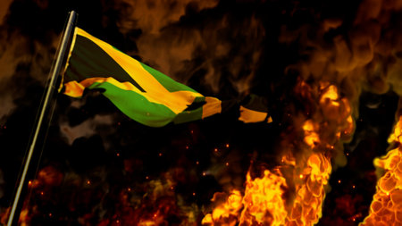 flag of Jamaica on burning fire bg - hard times concept - abstract 3D renderingの写真素材
