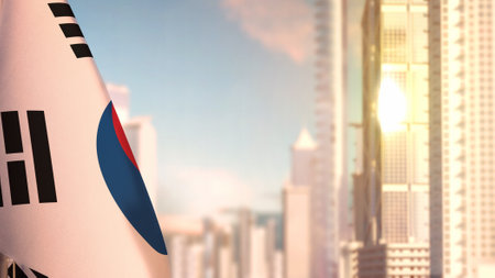 flag of Republic of Korea (South Korea) on city skyscrapers buildings vanilla sundown bg for day of the flag - abstract 3D illustrationの写真素材