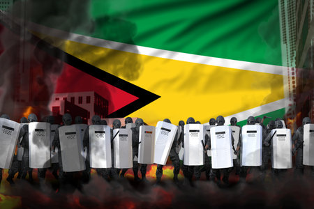 Guyana police officers on city street are protecting government against riot - protest stopping concept, military 3D Illustration on flag backgroundの写真素材