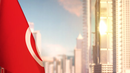 flag of Tunisia on city skyscrapers buildings vanilla sunrise bg for anthem day - abstract 3D renderingの写真素材