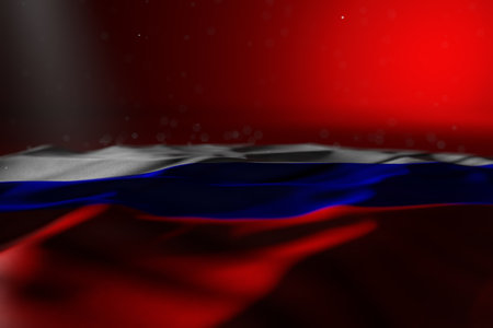 wonderful feast flag 3d illustration - dark picture of Russia flag lay on red background with soft focus and free space for your textの写真素材