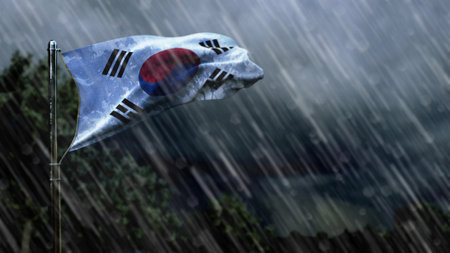 flag of Republic of Korea (South Korea) with rain and dark clouds, storm and tornado symbol - nature 3D renderingの写真素材