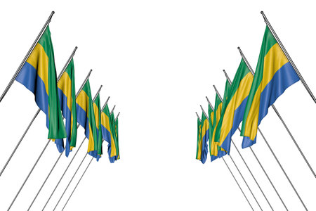 cute many Gabon flags hangs on in corner poles from left and right sides isolated on white - any celebration flag 3d illustrationの写真素材