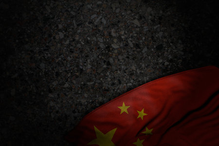 cute dark illustration of China flag with big folds on dark asphalt with empty place for your content - any feast flag 3d illustrationの写真素材