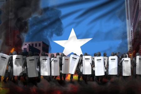 Somalia protest fighting concept, police squad on city street are protecting state against revolt - military 3D Illustration on flag backgroundの写真素材