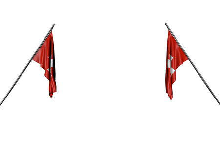 pretty two Switzerland flags hanging on in corner poles from two sides isolated on white - any feast flag 3d illustrationの写真素材